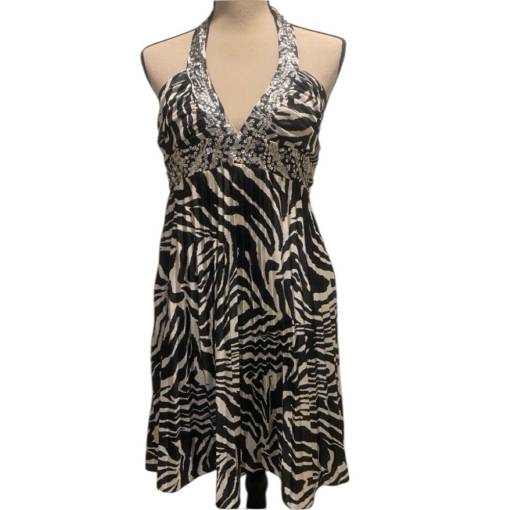 Morgan & Co Women’s Zebra Halter Sequin Animal Print Short Dress size large